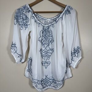 Poupette St Barth Peasant Embroidered Blouse Women S White Blue Off Shoulder Top
